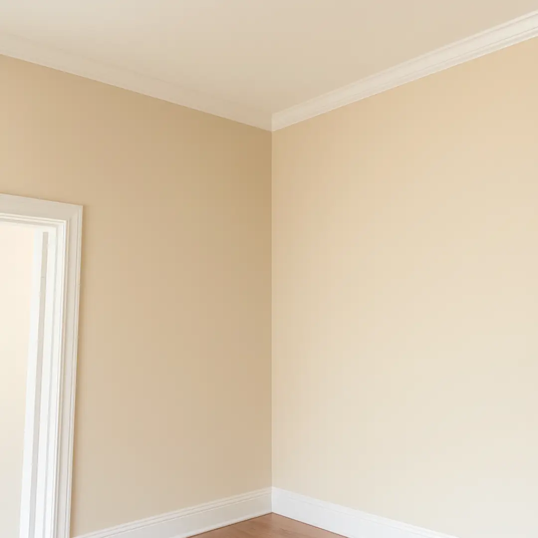 Empty corner of a room with beige walls, white ceiling, crown molding, and baseboards—ideal for planning a home page revision. A doorway with white trim sits on the left, while hardwood flooring adds warmth below.