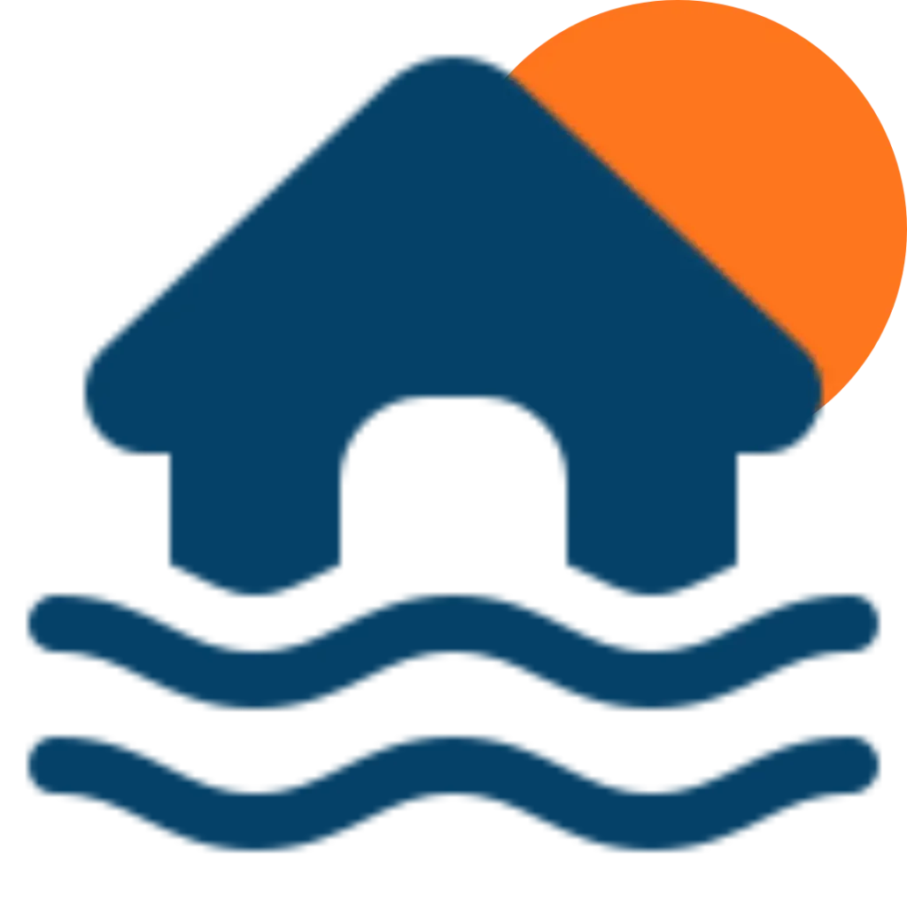 A dark blue home revision icon features a large orange sun partially behind the roof, above three wavy blue lines representing water.