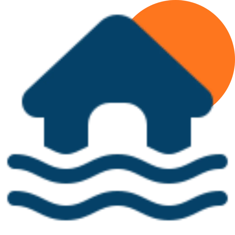 A dark blue home revision icon features a large orange sun partially behind the roof, above three wavy blue lines representing water.