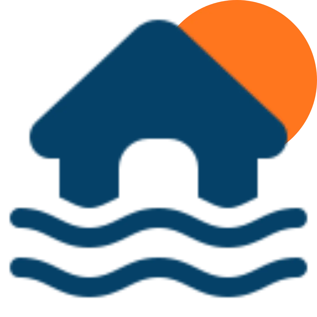 A dark blue home revision icon features a large orange sun partially behind the roof, above three wavy blue lines representing water.