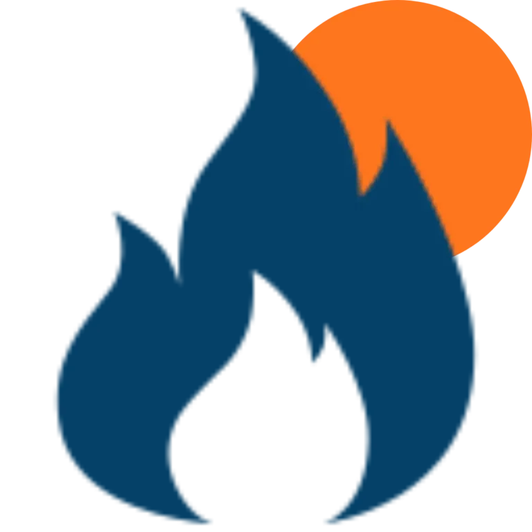 A stylized dark blue flame with an orange semicircle behind it, resembling a simple fire icon with a sun or moon in the background—perfect for representing warmth or inspiration in any home revision project.