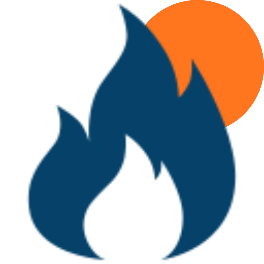 A stylized dark blue flame with an orange semicircle behind it, resembling a simple fire icon with a sun or moon in the background—perfect for representing warmth or inspiration in any home revision project.