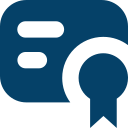 Dark blue icon of a certificate with two horizontal lines on the left and a ribbon seal on the lower right, set against a light background—perfect for representing a Restoration Company’s commitment to quality and professionalism.