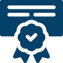 Dark blue icon of a certificate with ribbon and checkmark in the center, representing certification or achievement, ideal for highlighting accomplishments on your home page. Set against a light background for clear visibility.