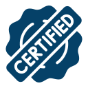 A blue badge icon with a scalloped edge featuring the word CERTIFIED in bold white letters across the center—perfect for highlighting achievements on your home page or marking items approved after careful revision.