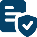 Dark blue icon of a document with lines representing text, positioned behind a shield containing a checkmark, symbolizing secure or protected information—ideal for illustrating a website update or home page revision.