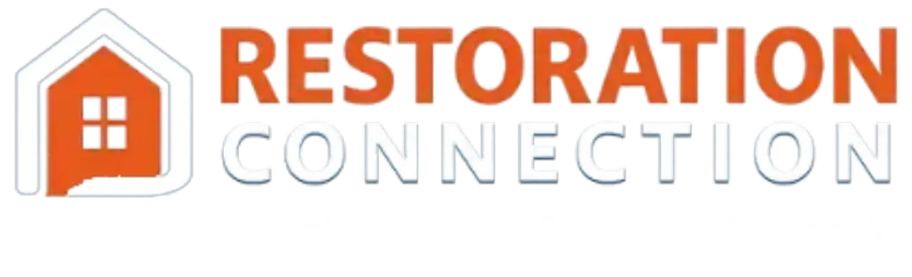 Logo for Restoration Connection with an orange house icon on the left, perfect for your home page, and the tagline Local - Trusted - Experienced in white text placed below the company name.