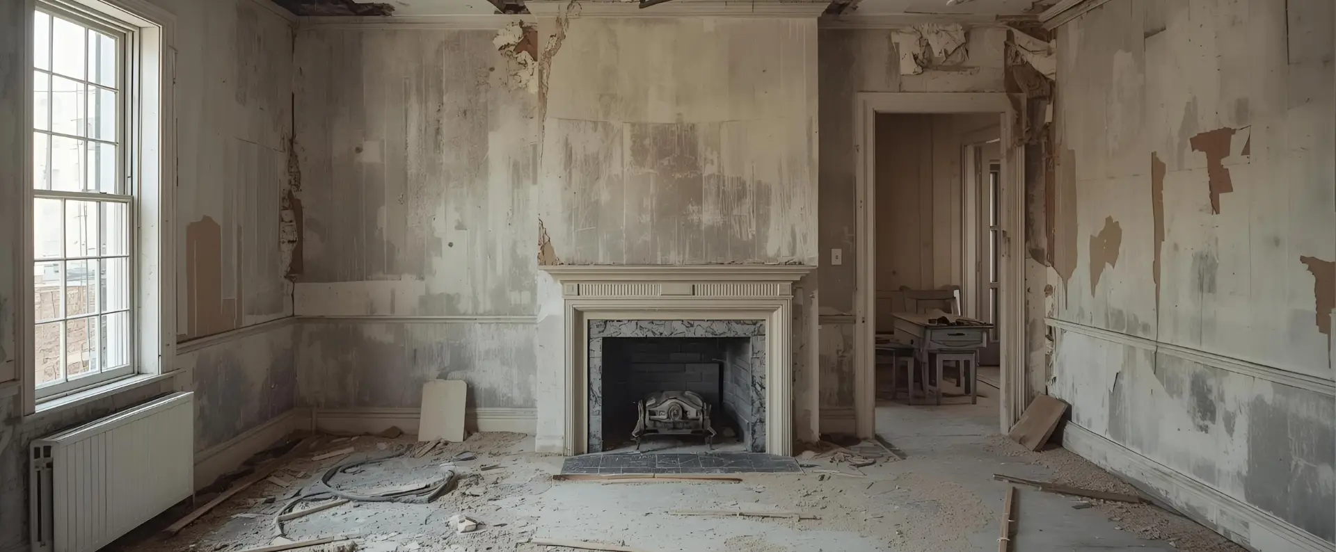 An abandoned, decaying room with peeling paint, debris on the floor, and a damaged fireplace awaits home revision. Broken wall panels and worn-out walls bask in sunlight streaming through a tall window on the left.