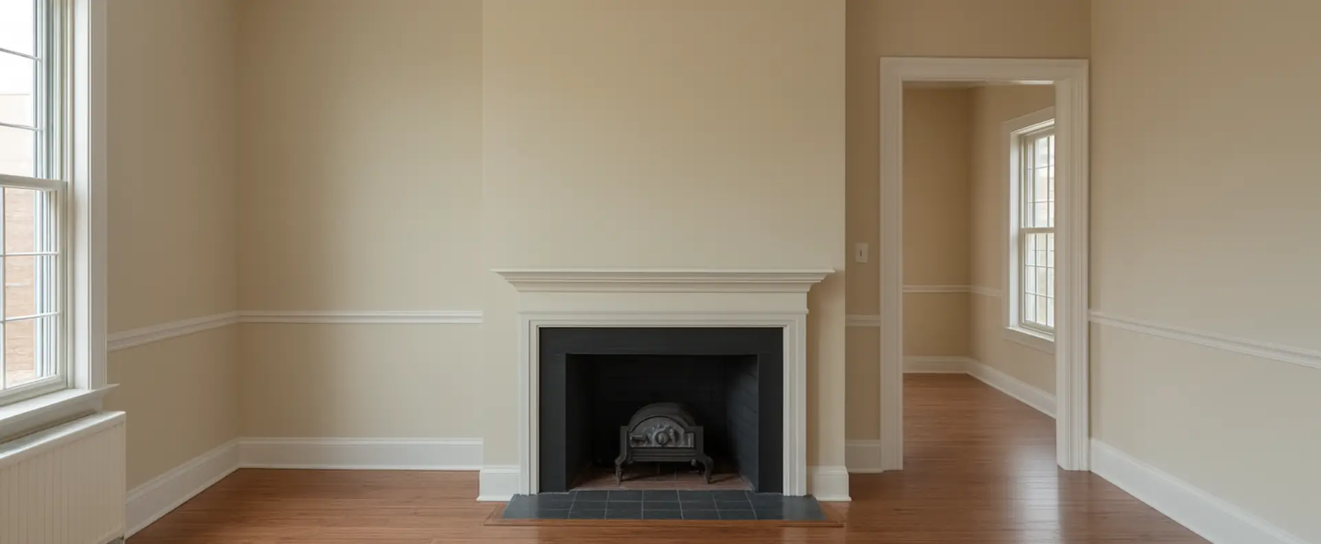 An empty room with beige walls, white trim, a black fireplace with a white mantel, and wooden floors—perfect for your next home revision. Two tall windows fill the space with natural light, and an open doorway leads to another room.
