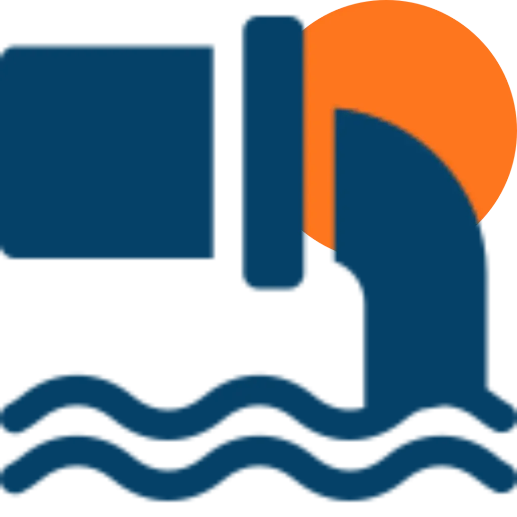 A stylized graphic of a blue faucet pouring water into wavy blue lines, with an orange semi-circle in the background representing a sun or water flow—perfect for adding a touch of home revision inspiration.