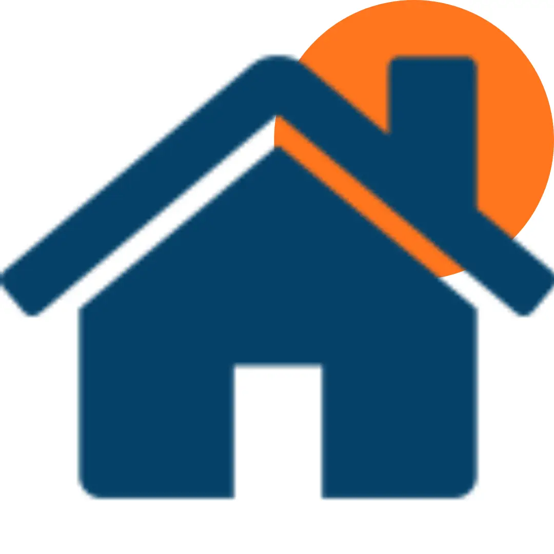 A simple blue house icon with a slanted roof and chimney, overlaid by an orange circle in the background, symbolizes home revision.