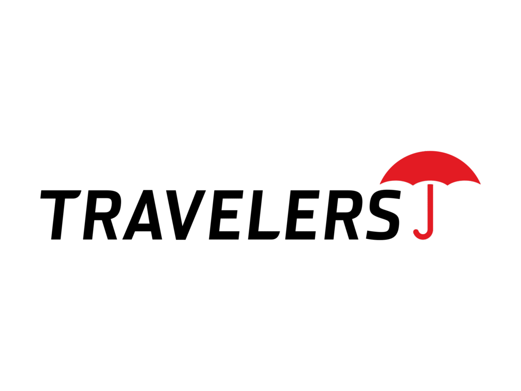 The word TRAVELERS in bold black letters, with a red umbrella forming the letter J at the end, on a white background—perfect for showcasing your Restoration Connection.