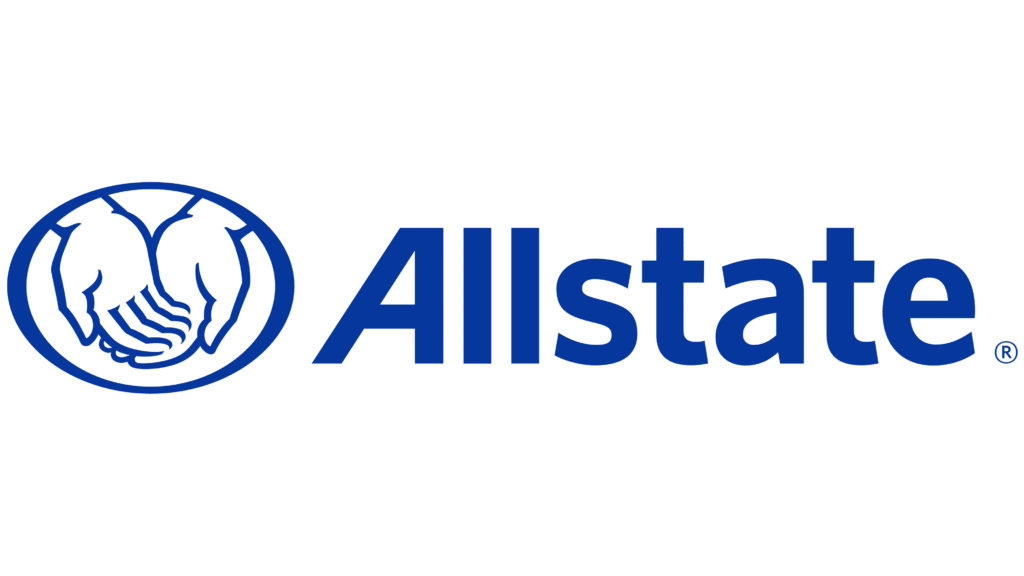The image shows the Allstate logo featuring two cupped hands inside a circle next to the word Allstate in bold blue letters on a white background, representing security and the Restoration Connection commitment.