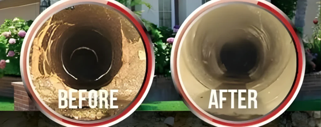 Side-by-side comparison of two pipe interiors: the left pipe labeled Before is dirty and grimy from sewage cleanup, while the right pipe labeled After appears clean and smooth. Flowers and a house are visible in the background.